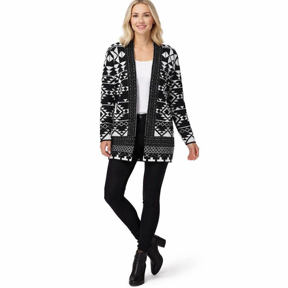 Frye Womens XL Black White Patterned Cardigan Open Front Knit Sweater New